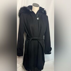 Calvin Klein Black Trench wool Coat with Fur Trim with belt Medium